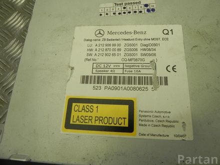 MERCEDES-BENZ A 212 906 99 00, A 212 900 49 00 / A2129069900, A2129004900 E-CLASS (W212) 2012 Radio / CD